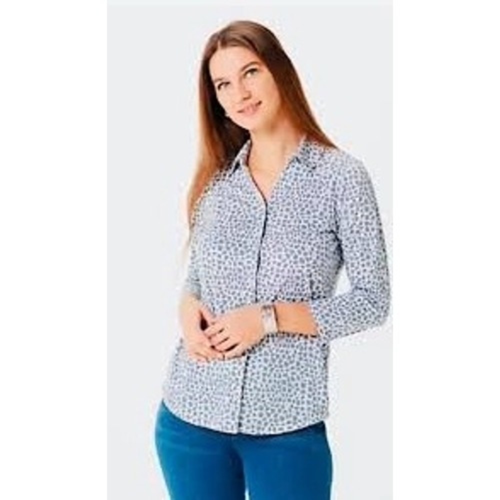 Susan Graver women plus sz top 1X liquid knit 3/4 sleeve shirt blue boho